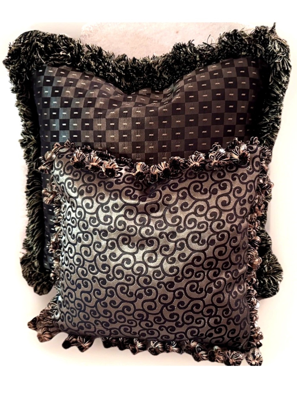 🖤KAY PARKER🖤 2-BRONZE SATIN BLEND CUSTOM MADE DOWN FRINGE BEADED ACCENT PILLOWS